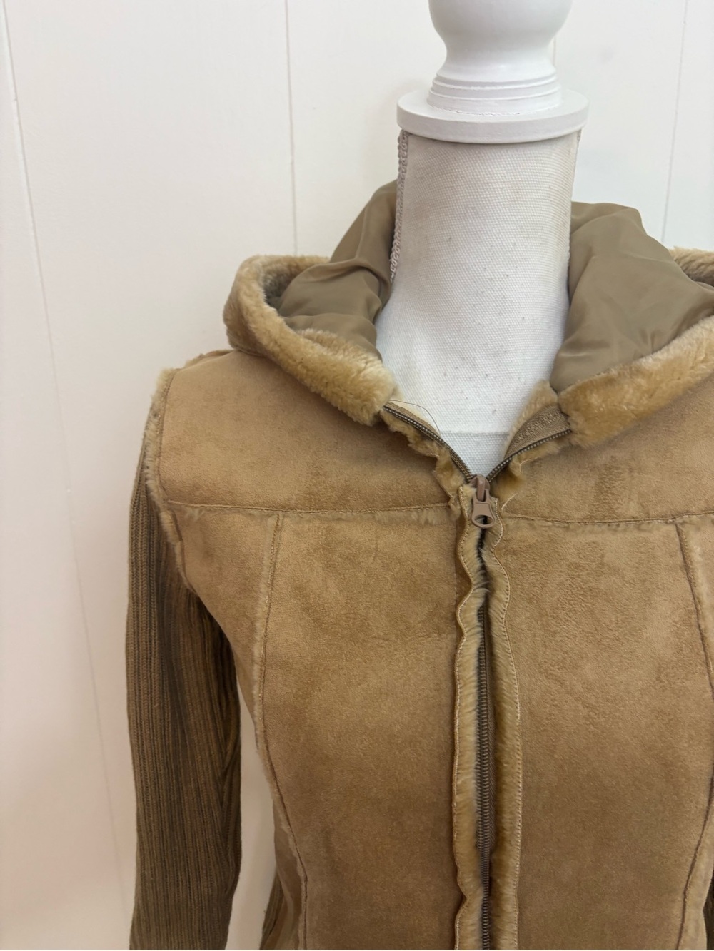 Vintage Say What? Women's Hooded Teddy Sweater Jacket in Tan - Picture 2 of 9